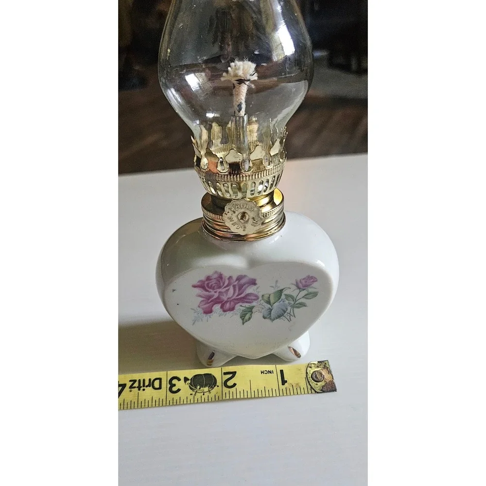Vintage Heart Shaped Porcelain Oil Lamp cottagecore décor Floral crystal Chimney